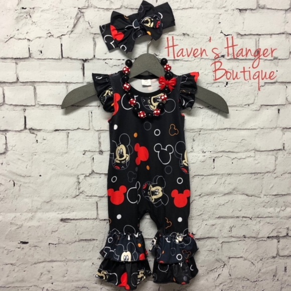 3pc. Mickey Romper Set w/ Headband & Necklace - Picture 7 of 8